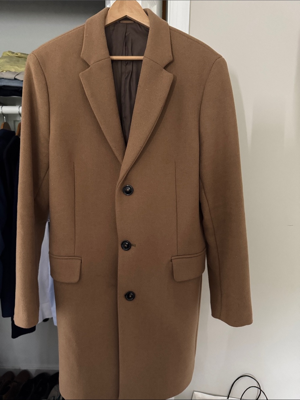 Mango Men's Camel Brown Single-Breasted Wool Coat